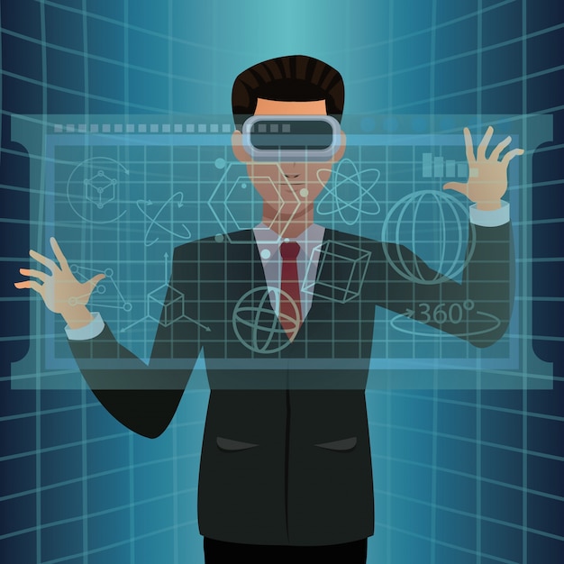 Man with vr goggles touch diagram digital