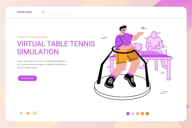 ベクトル メタバースで仮想卓球またはピンポン スポーツ シミュレーションをプレイする vr ヘッドセットを持つ男性