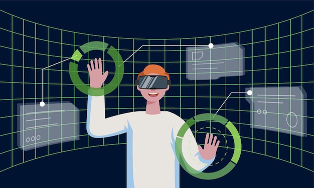 Вектор Человек в шлеме vr подключается к футуристической технологии метавселенной виртуальной реальности и окружен
