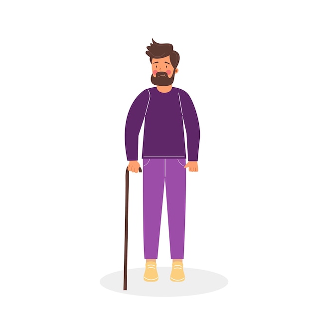 Man with walking stick in flat style