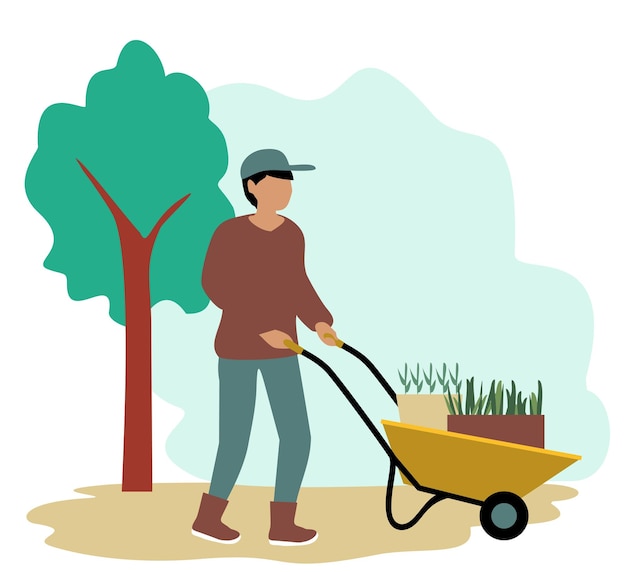 Вектор Человек с коляской концепция садоводства фермер с коляской работа садоводов