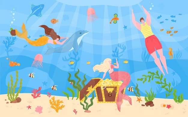 Man with woman mermaid in sea vector illustration underwater character with tail swimming fantasy