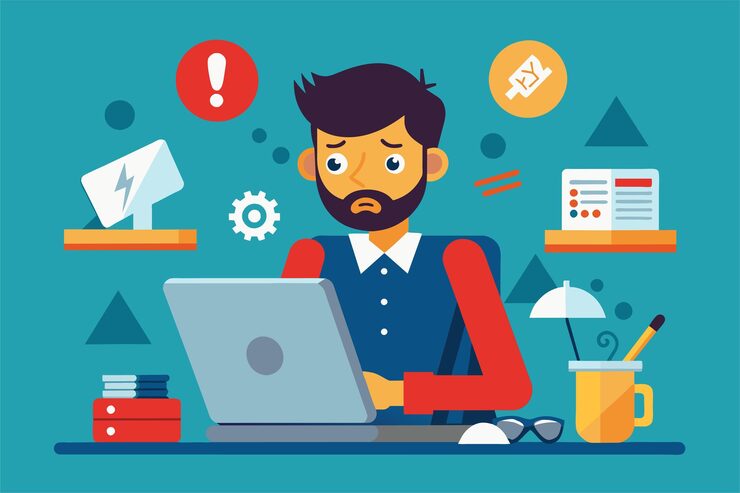 Vector a man with a worried expression navigates computer errors while seated at his desk with various tech elements a man is experiencing computer errors flat illustration