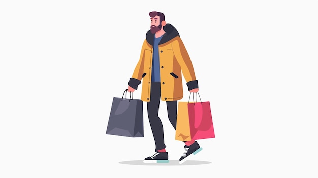 a man with a yellow coat and a black hat is holding shopping bags