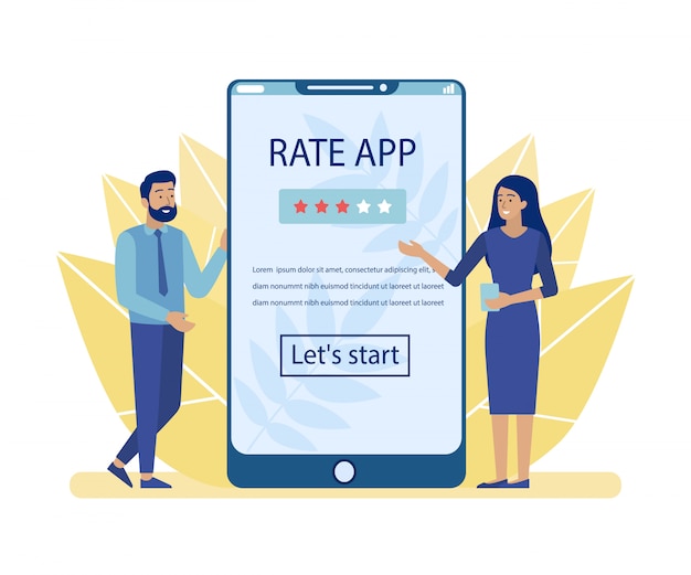 Man and woman advertising rate app for mobile