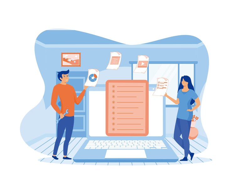 Vector man and woman analyzing document management soft flat vector modern illustration