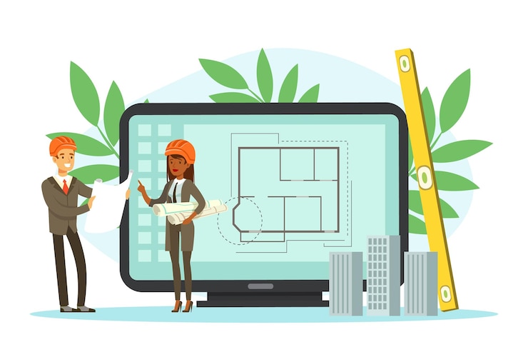 Vector man and woman architect discussing project and blueprint drawing for house engineering vector illustration