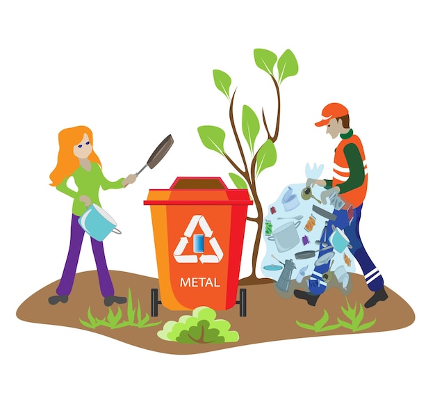 A man and woman are cleaning a metal trash can