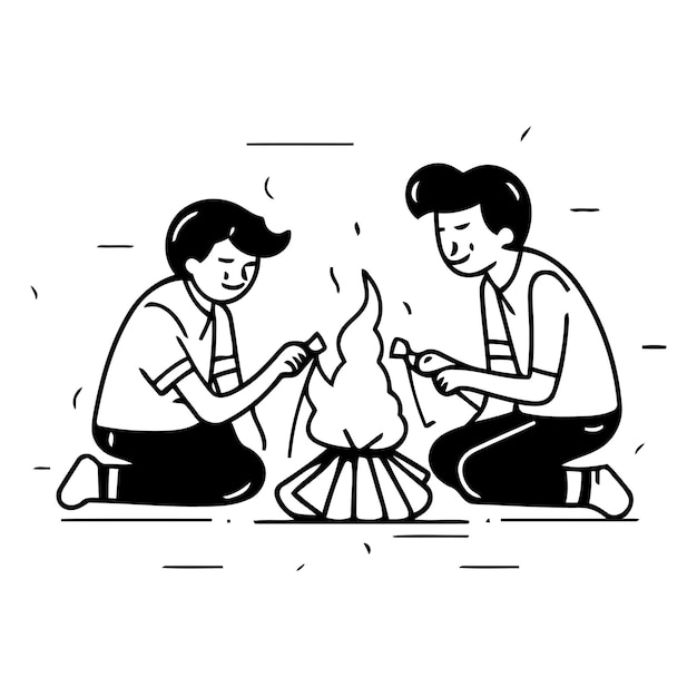 Vector man and woman are cooking on the campfire