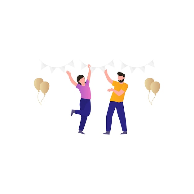 남자와 여자가 풍선과 함께 춤을 추고 있고 한 사람은 노란색 셔츠를 입고 있습니다.