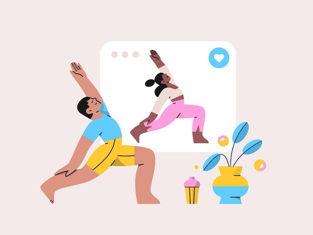 Vector a man and a woman are doing yoga on a phone