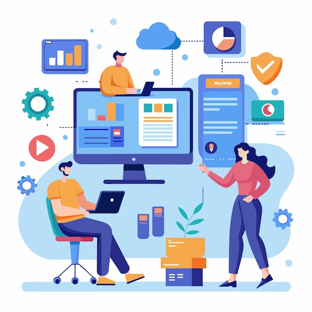 a man and a woman are focused on synchronizing data on a computer in an office setting people synchronize data on computers with documents trending simple and minimalist flat vector illustration