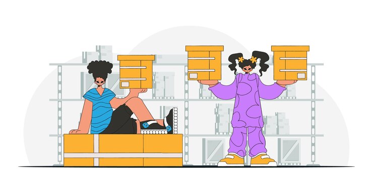 Vector a man and a woman are holding boxes parcel delivery team an art piece showcasing the conveyance of parcels and goods