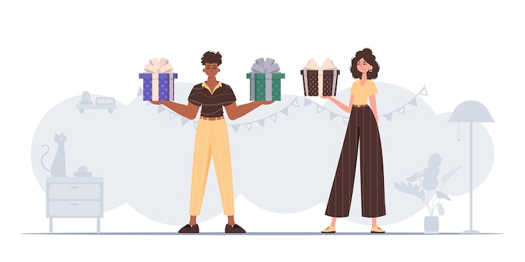 Vector a man and a woman are holding gift boxes in their hands the concept of holiday greetings for valentine's day