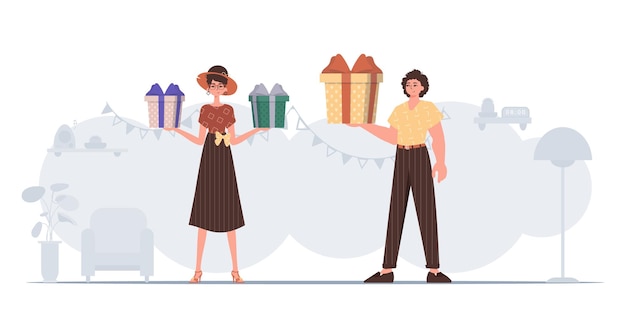 Vector a man and a woman are holding gifts in their hands christmas gift concept