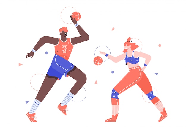 Man and woman are playing basketball. Sport and healthy lifestyle. Team game.