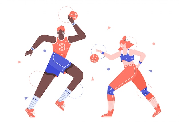 Vector man and woman are playing basketball. sport and healthy lifestyle. team game.