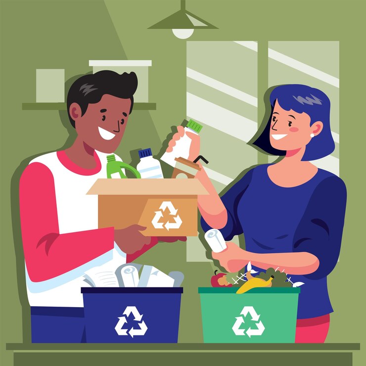 वेक्टर a man and a woman are recycling bins with trash cans