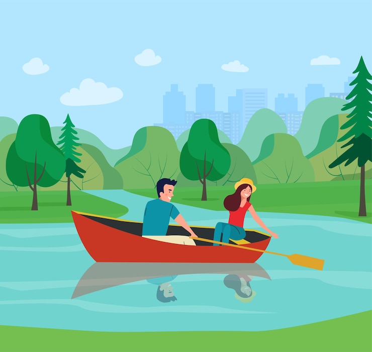 Vector man and woman are sailing in a boat. vector flat illustration