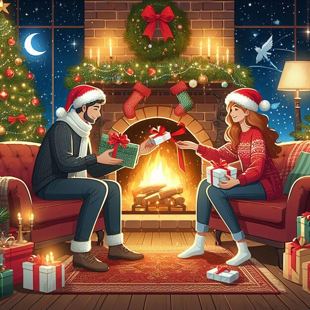 Vector a man and a woman are sitting in front of a fireplace with presents