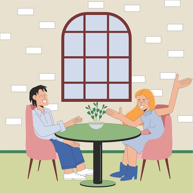 A man and a woman are sitting at a table in a cozy cafe and talking