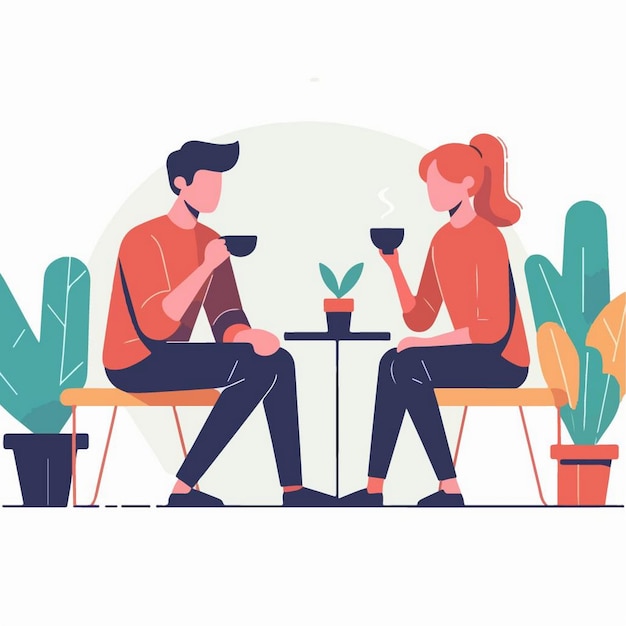 Vector a man and a woman are sitting at a table with a cup of coffee