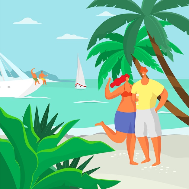 Vector a man and a woman are standing on the beach near the sea under a palm tree and smiling  cartoon illustration.