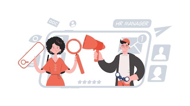 A man and a woman are standing belt and holding a web search bar and a magnifying glass Human resource Element for presentations sites