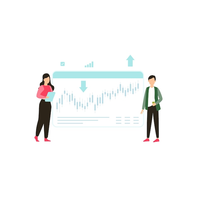 A man and woman are standing in front of a stock chart.