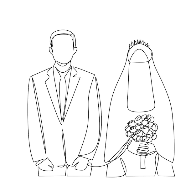 A man and a woman are standing in front of a wedding bouquet.