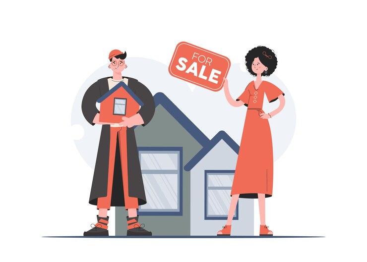 Vector a man and a woman are standing in full growth holding a model of the house in their hands house sale flat style element for presentations sites vector illustration
