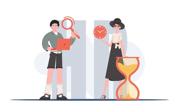 A man and a woman are standing in full growth with an hourglass and a laptop in their hands Human resource Element for presentation Vector illustration