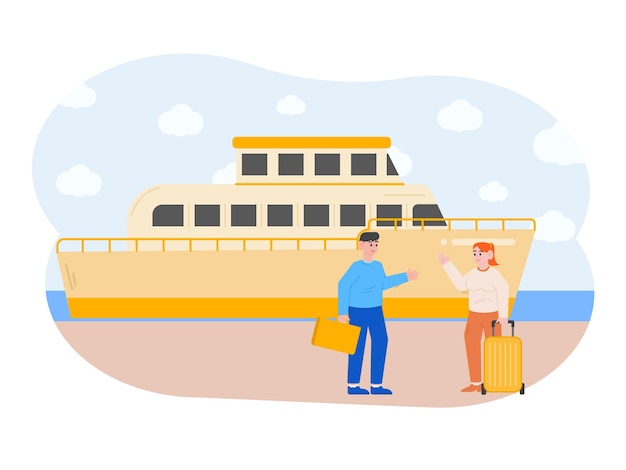 A man and a woman are standing near a ship illustration