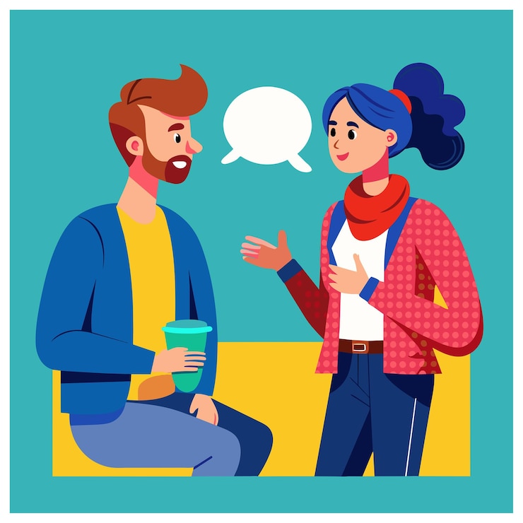 Vector a man and a woman are talking and one is wearing a backpack and the other is talking to each other