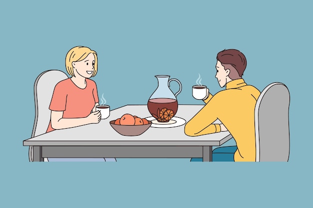 A man and a woman are talking at a table in a restaurant Vector illustration