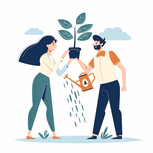 a man and a woman are watering a plant in the rain