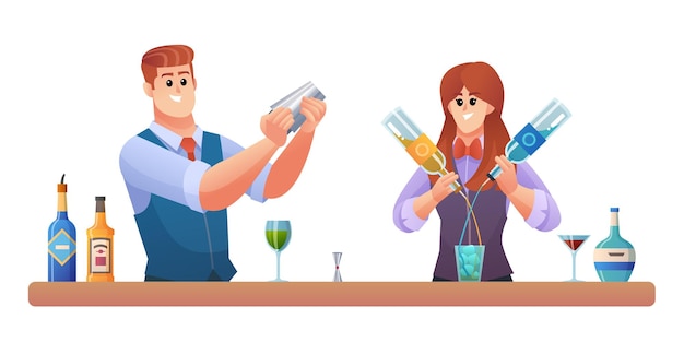 Vector man and woman bartender characters mixing drinks concept illustration