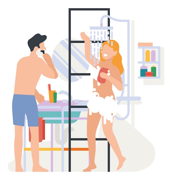 Man and woman in bathroom Couple everyday hygiene routine