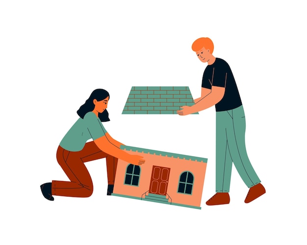 Uomo e donna che costruiscono un'illustrazione piana di vettore della casa isolata su fondo bianco
