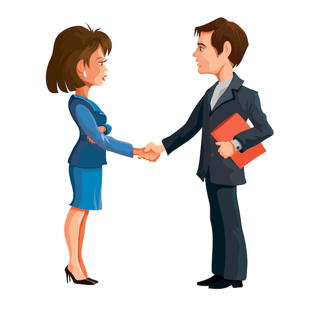 Man and woman at a business meeting stand and shake hands. business deal. cartoon characters. isolated.