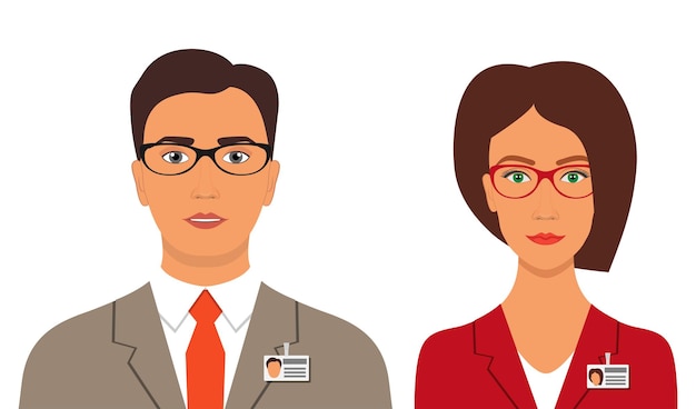 Мужчина и женщина в деловых костюмах со значками и очками