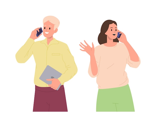 man woman cartoon character talking phone having business call or nice conversation with relatives