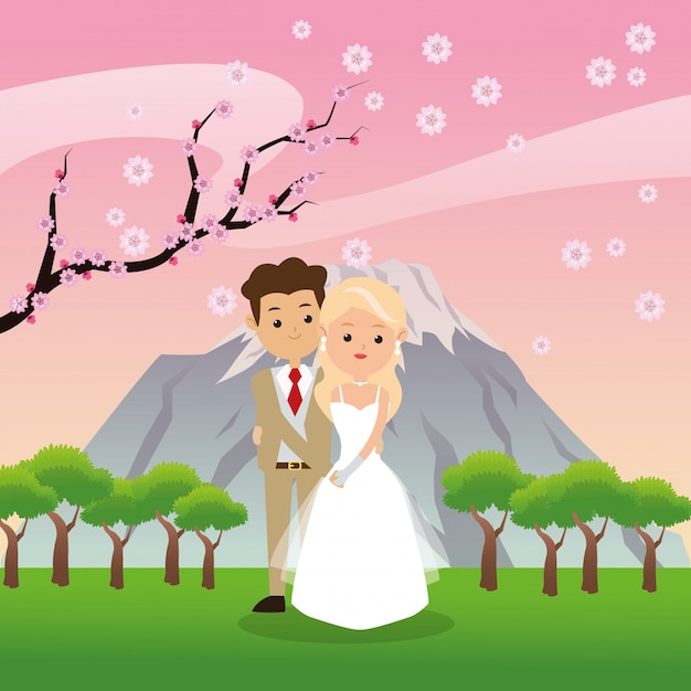 Man and woman cartoon couple icon over landscape