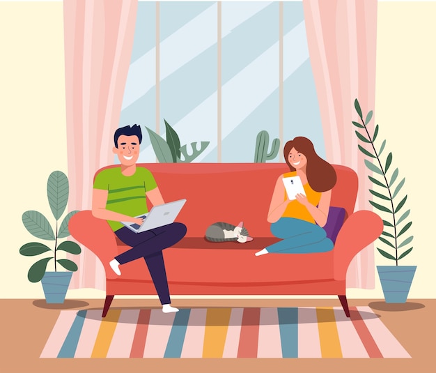 Man, woman and cat sitting on the couch with notebook and tablet. vector flat illustration