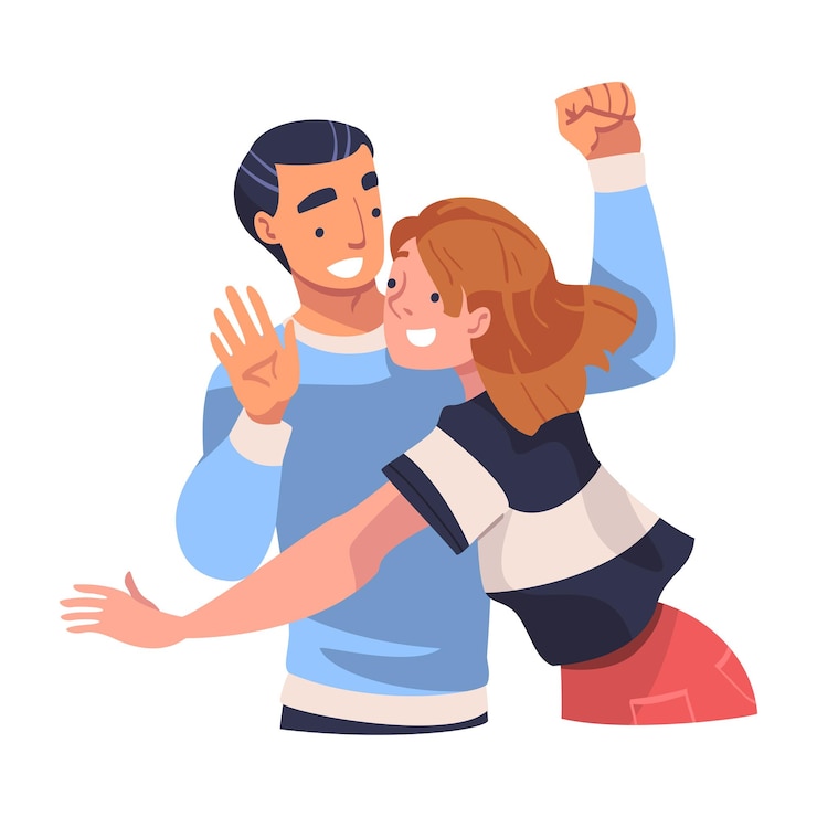 Vector man and woman character hugging and embracing each other expressing friendly feeling vector illustration