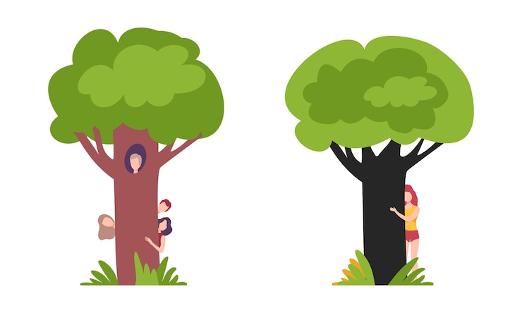 Vector man and woman character standing behind tree trunk peeking and looking vector set
