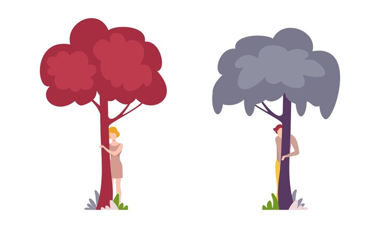 Vector man and woman character standing behind tree trunk peeking and looking vector set