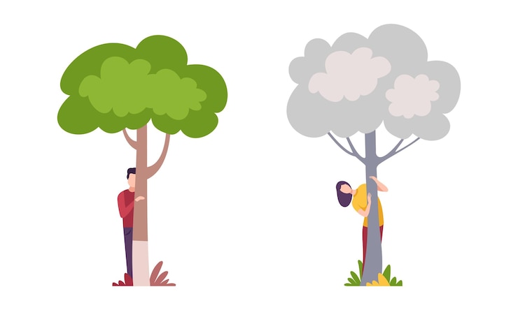 Vector man and woman character standing behind tree trunk peeking and looking vector set