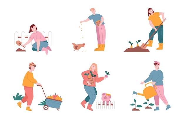 Man and woman characters harvest harvesting and planting vegetables in farm graden. vector illustration set of farmer people work in agriculture farm field. feeding animals, seeding plants, harvest.