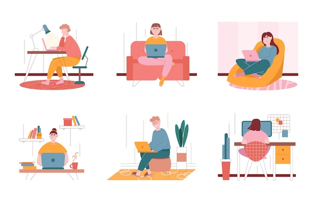 Man and woman characters working with laptop at home. Vector illustration set of freelance people work with computer in comfortable conditions at home. Office desk, couch, chair as a workplace.